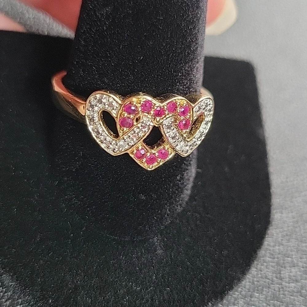 Vintage Gold Plated Sterling Silver 925 Ruby & Diamond 3 Heart Intertwined SZ:12